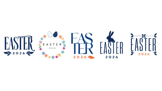 Easter 2026 typography set with floral wreath rabbit and eggs, modern holiday text design logos for greeting cards, vector illustration isolated on white background