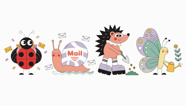Cute cartoon insects and animals set, ladybug and snail delivering mail, hedgehog and butterfly gardening, vector illustration, isolated on white background