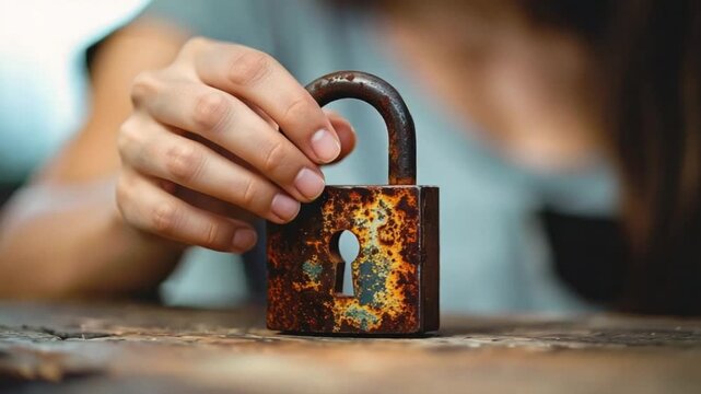 Person's hand holding an old rusty padlock on a weathered wooden table