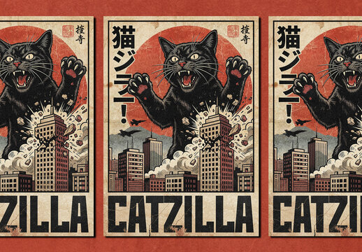 Vintage Japanese Catzilla Poster Layout