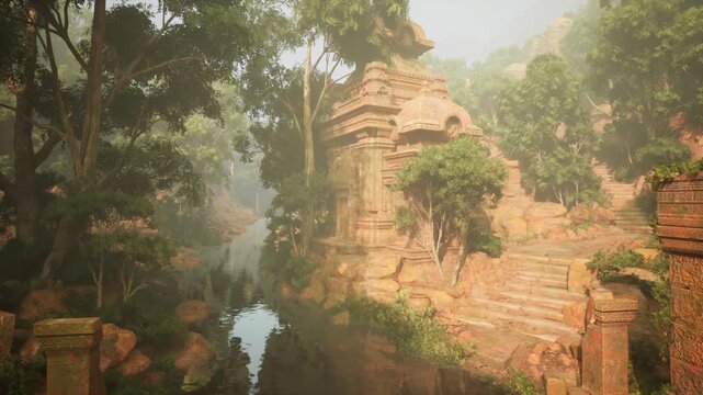 A misty morning reveals an ancient temple nestled within Thailands dense jungle. Surrounded by lush greenery and tranquil waters, the site exudes a mysterious and serene atmosphere.