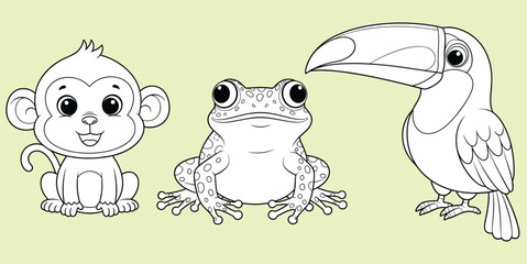 Cute cartoon monkey frog and toucan characters, black and white outline vector illustration, adorable jungle animals for kids coloring book © MdMahabur
