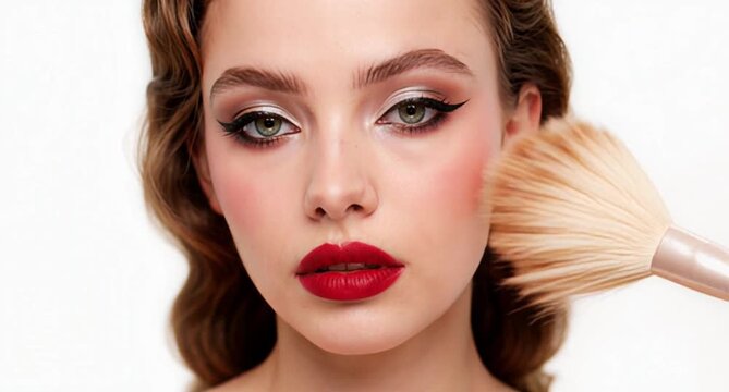 Close-up woman with red lips and makeup brush applying blush on white background