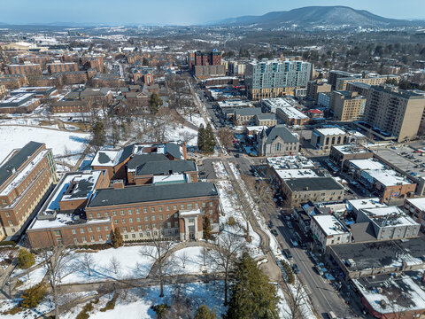 Aerial view of State College town in winter sunny day, State College, Pennsylvania.	