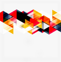 Abstract geometric design. Overlapping triangles create dynamic composition. Bright colors contrast with white space. Modern, vibrant aesthetic.