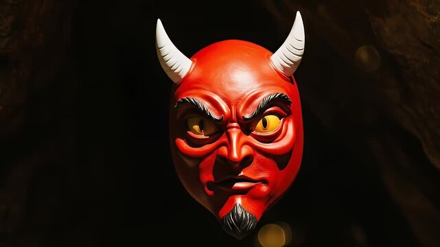 A striking red demon mask with sharp horns and intense eyes, set against a dark background