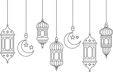 Six hanging lanterns and crescent moon with stars in black and white