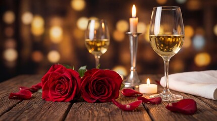 Romantic dinner setting with two glasses of white wine, red roses, candles, and rose petals on a rustic wooden table with bokeh background
