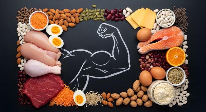 Assorted protein rich foods surrounding a flexed bicep illustration on a chalkboard.