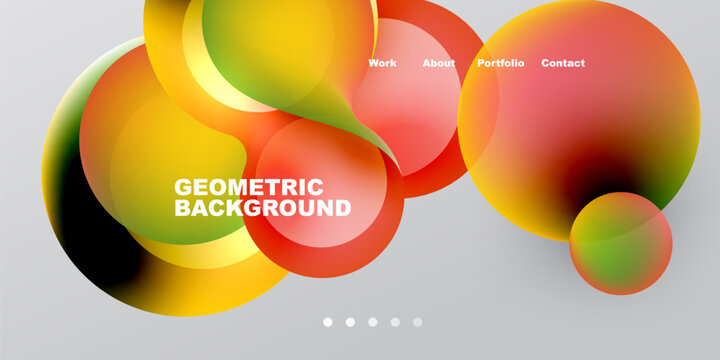 Abstract colorful circles overlap, creating dynamic visual effect. Text elements present work, about, portfolio, contact. Gradient shades dominate composition.