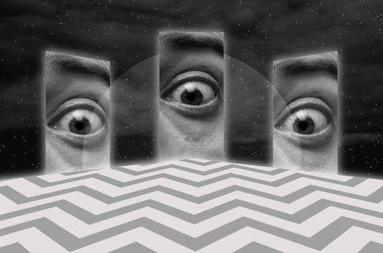 Collage with a giant eyes against night sky