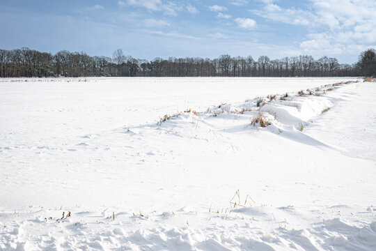 Winterlandschaften, verschneite Felder mit leichten Scheewehen, Symbolfoto.