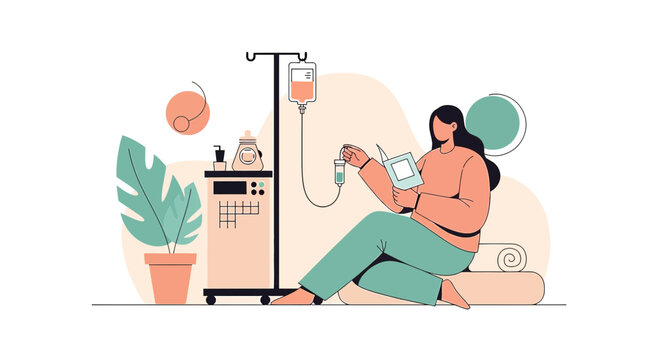 Woman Patient Receiving IV Infusion Therapy While Reading Book