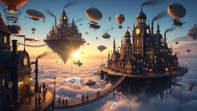 Futuristic steampunk floating city architecture suspended above cloud layer illuminated by warm sunset light with airship elements seamless looping 4k time-lapse animation video background. Fantasy co
