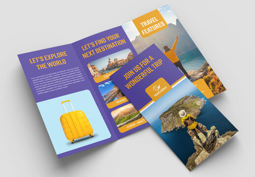 Travel Trifold Brochure Layout with Orange and Purple Accents