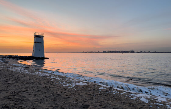Breezy Point lighthouse in winter sunset, Queens, New York