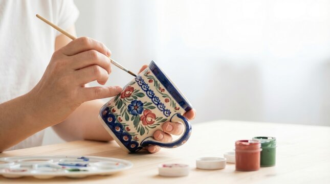 Artist's hands painting a traditional blue and red floral pattern on a ceramic mug.