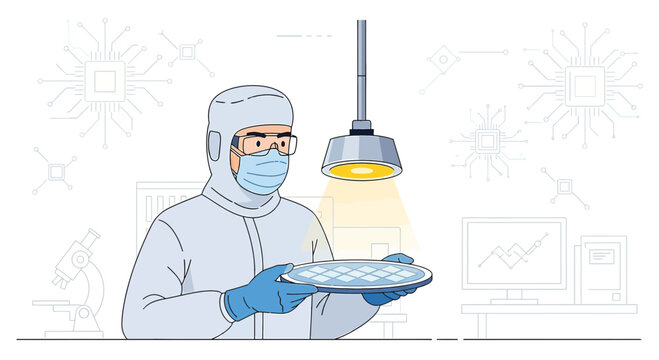 Scientist in cleanroom with petri dish, semiconductor manufacturing, technology research