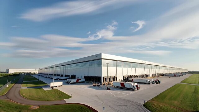 Aerial drone view of a massive modern logistics warehouse distribution center with multiple loading docks and semi-trucks parked in the yard under a bright blue sky with wispy clouds showcasing