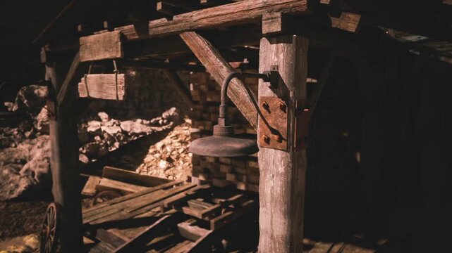 The setting features a vintage wooden mining structure under dim lighting, showcasing old tools and materials scattered around, creating a nostalgic atmosphere of an abandoned mine.