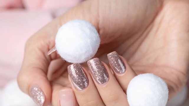 Close-up of a woman's hand with glittery rose gold manicure and white pom-poms