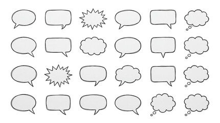 Fototapeta premium 25 Hand-drawn speech bubble and thought bubble icon collection. Includes various shapes like oval, rectangular, starburst, and cloud. Created in outlined style with white and black palette.