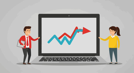 Man and Woman Standing Near Laptop with Graph.
