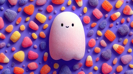 Cute Kawaii Ghost Among Colorful Gummy Candies A Whimsical Halloween Treat