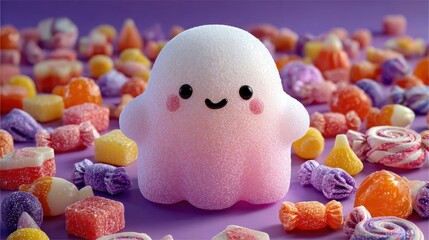 Cute kawaii ghost marshmallow surrounded by colorful candies and sweets for a sweet treat