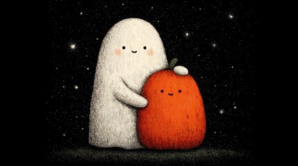 Cute ghost hugging a little pumpkin under a starry night sky a heartwarming illustration