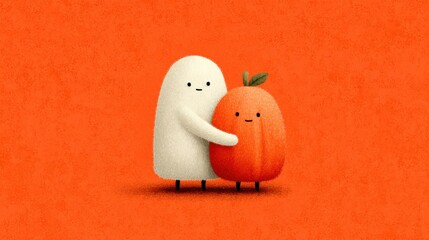 Cute ghost and fruit hugging with love and joy on an orange background