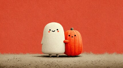 Adorable Halloween friends, a cute ghost and pumpkin, sharing a moment together