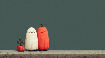 Adorable cartoon ghost and pumpkin characters on a textured background celebrating halloween