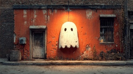 Hauntingly whimsical ghost decoration illuminates a weathered urban facade at night