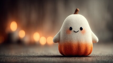 Adorable Halloween ghost character with pumpkin accent soft focus background with bokeh lights