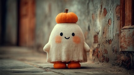 Adorable Halloween ghost character with pumpkin hat standing on cobblestone street
