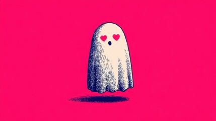 Adorable cartoon ghost with heart eyes floats against a vibrant pink background