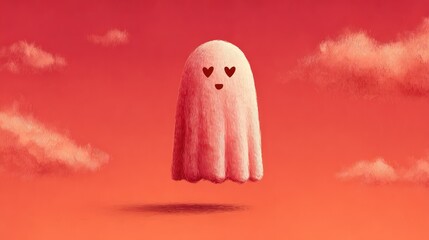 Cute fluffy ghost with heart eyes floating in a vibrant red sky with clouds