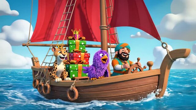 Playful cartoon pirate crew sailing on a wooden ship in the open blue ocean under a bright sky.