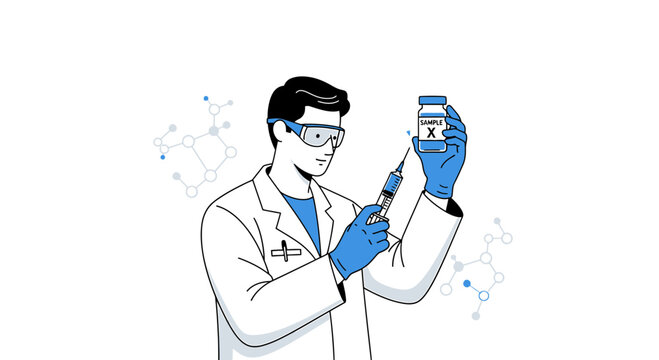 Scientist prepares injection from sample vial with syringe in lab