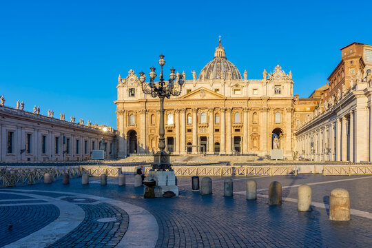 St. Peter's basilica on Saint Peter's square in Vatican, center of Rome, Italy (translation "In honor of prince of Apostles; Paul V Borghese, Pope, in year 1612 and 7th year of his pontificate)