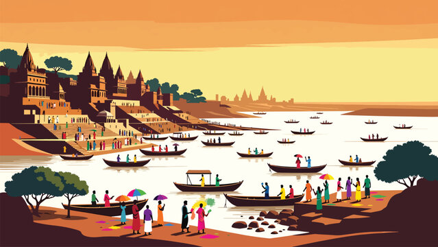 Varanasi river bank with ancient temples and boats at sunset vector illustration representing traditional indian culture with people gathering near holy ganga water