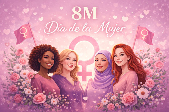 International Women's Day celebration background with diverse women group, 8M text, female symbols and flowers