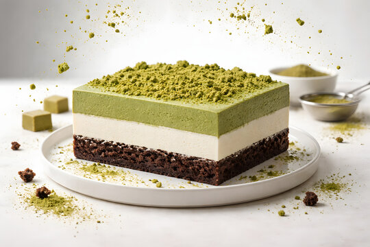 A brownies matcha cheesecake with subtle crumbs detail frozen mid air for dynamic commercial dessert imagery