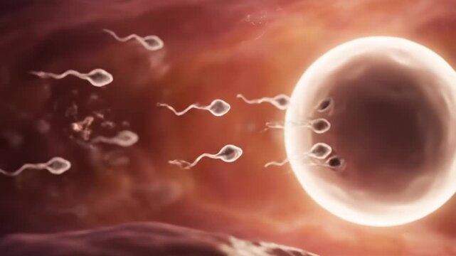 Insemination, 3D Rendering of Sperm Cells Approaching a Glowing Egg in a Dynamic Red-Orange Fluid Environment