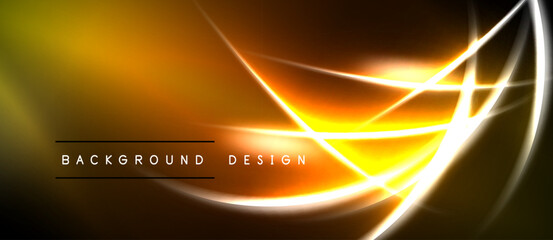 Naklejka premium Bright orange, yellow neon lines create abstract background. Smooth curves, dynamic shapes suggest energy, movement. Dark space surrounds vibrant glow.
