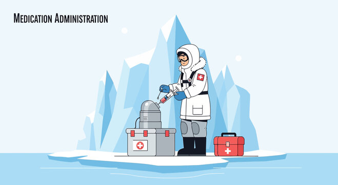 Arctic Medical Aid: Doctor Administers Medication Amidst Iceberg Landscape