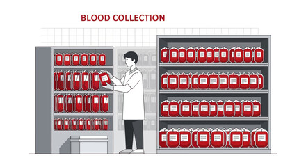 Blood Collection Storage: Medical Professional Arranging Blood Bags on Shelves