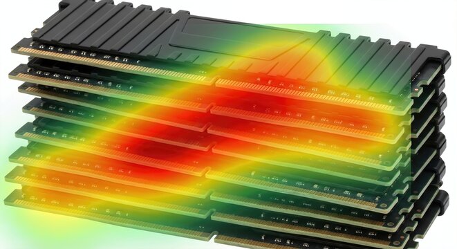 Stack of computer RAM modules with a thermal heat map overlay indicating high operating temperature.