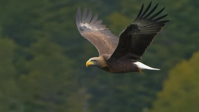 Brown eagle flying through sky.